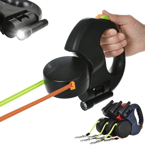 3M Reflective Retractable Dual Dog Leash for Small Dogs - Tangle-Free 360° Swivel Design with Built-in Lights