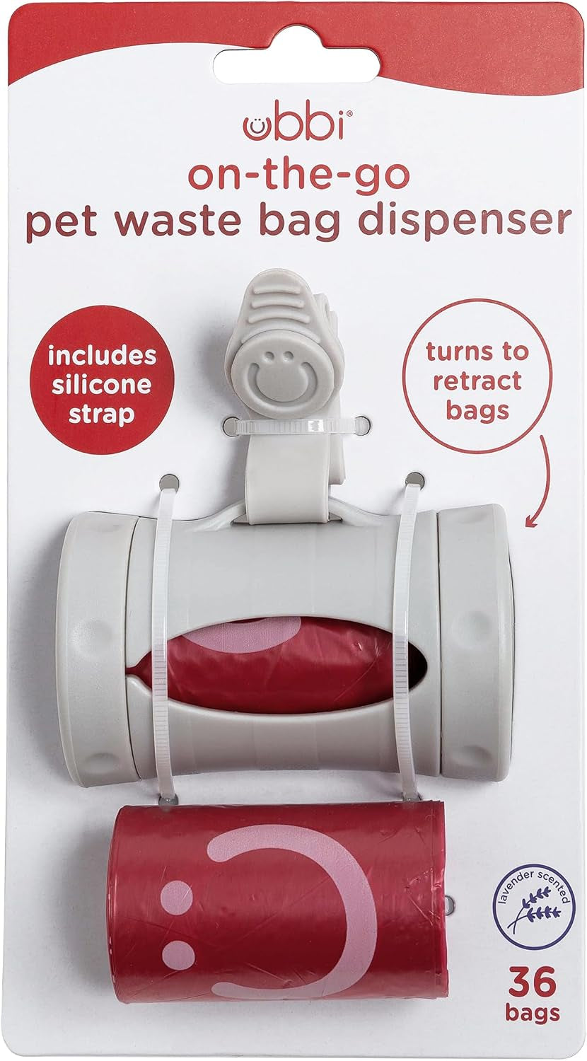 Ubbi Retractable Dog Poop Bag Holder and Dispenser with Silicone Strap Leash Attachment, Includes 2 Roll of Lavender Scented Leakproof Waste Bags, Gray