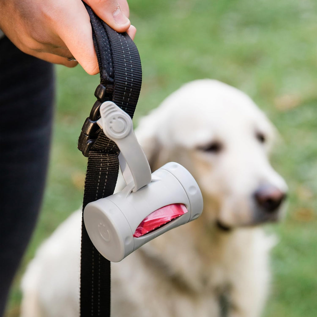 Ubbi Retractable Dog Poop Bag Holder and Dispenser with Silicone Strap Leash Attachment, Includes 2 Roll of Lavender Scented Leakproof Waste Bags, Gray