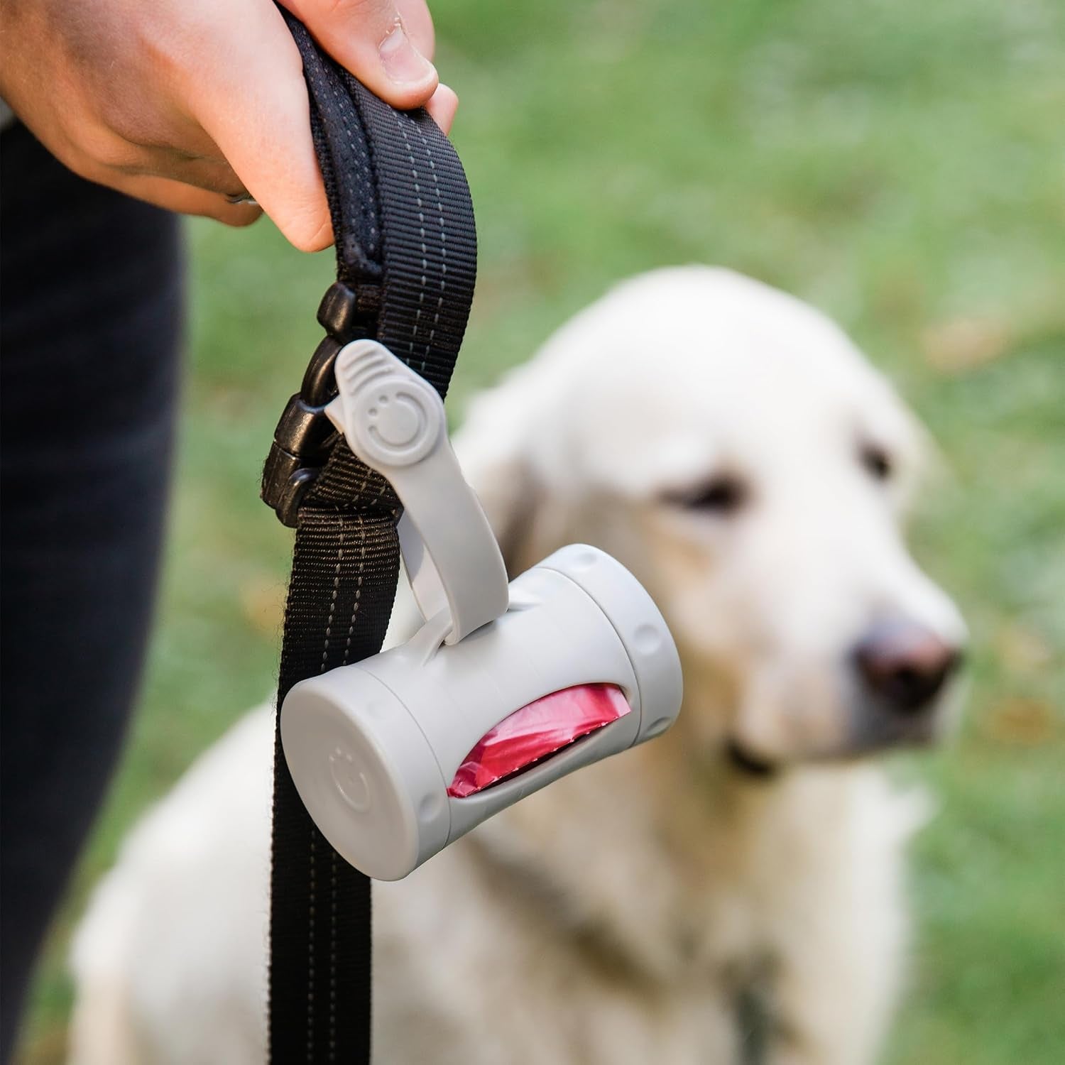 Ubbi Retractable Dog Poop Bag Holder and Dispenser with Silicone Strap Leash Attachment, Includes 2 Roll of Lavender Scented Leakproof Waste Bags, Gray