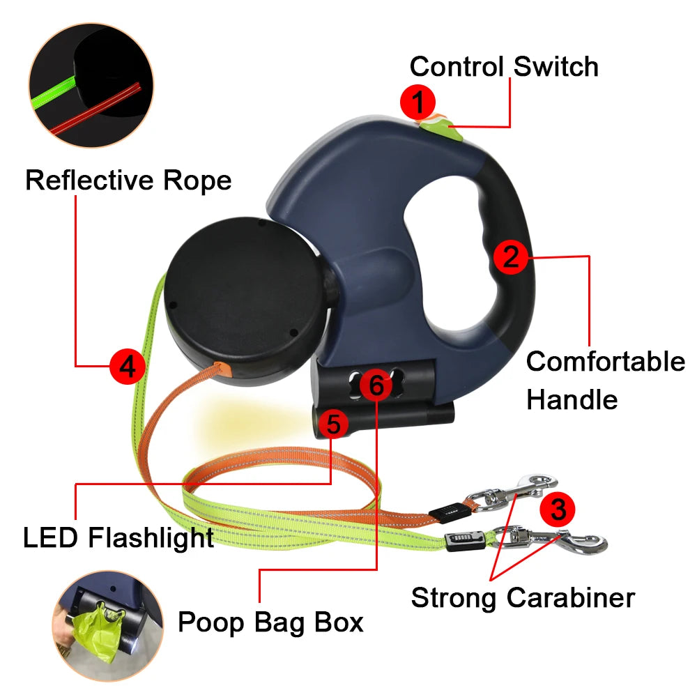 3M Reflective Retractable Dual Dog Leash for Small Dogs - Tangle-Free 360° Swivel Design with Built-in Lights