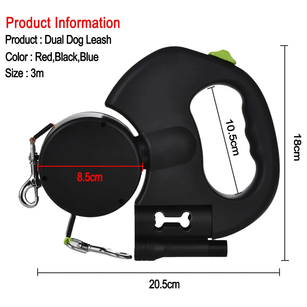 3M Reflective Retractable Dual Dog Leash for Small Dogs - Tangle-Free 360° Swivel Design with Built-in Lights